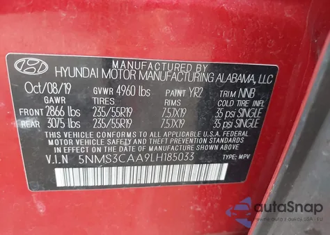 2020 Hyundai Santa Fe Sel 2.0T z USA, uszkodzony, nr VIN 5NMS3CAA9LH185033